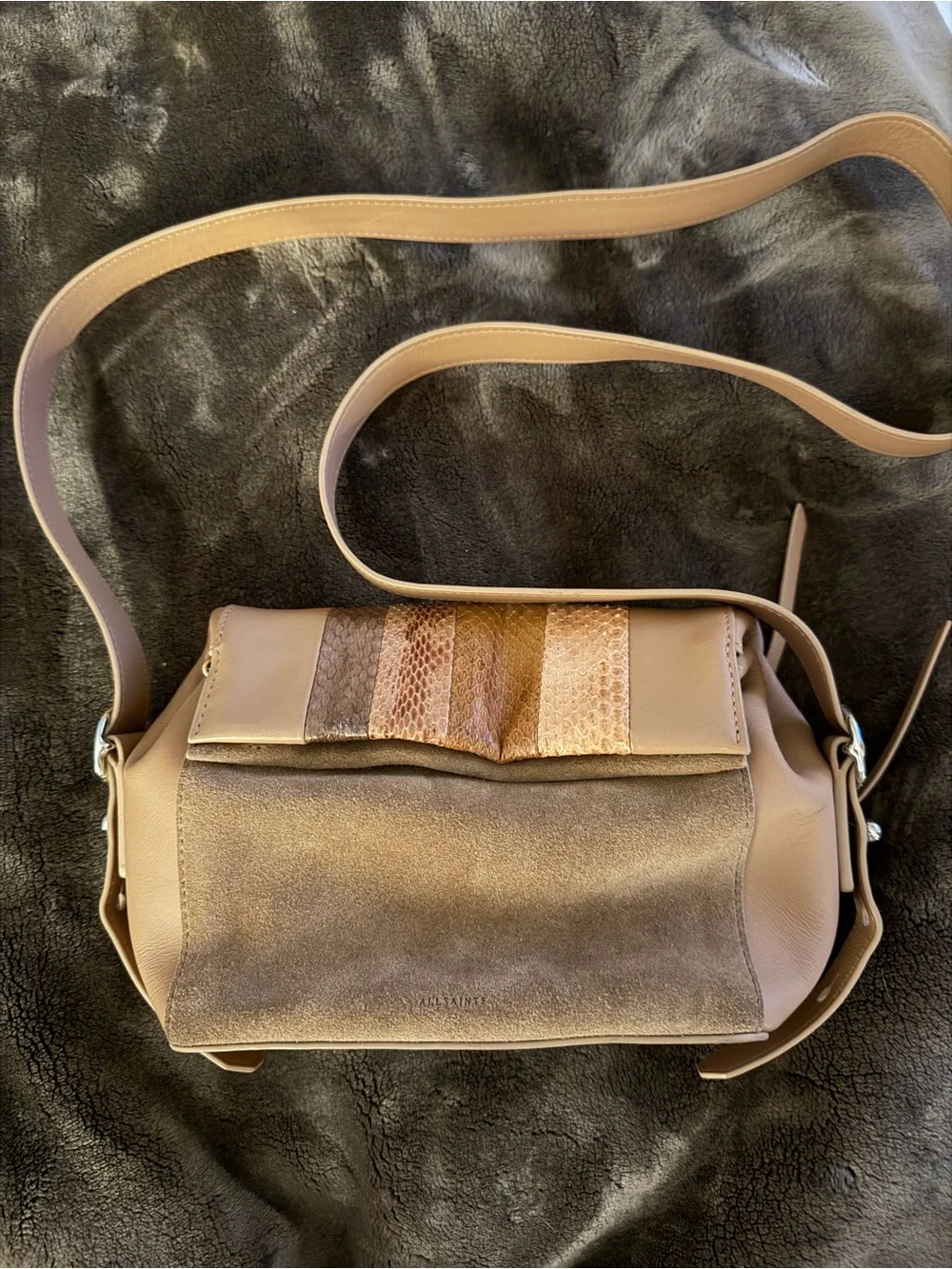 All Saints Taupe Leather & Suede Messenger Bag with Snakeskin Accent